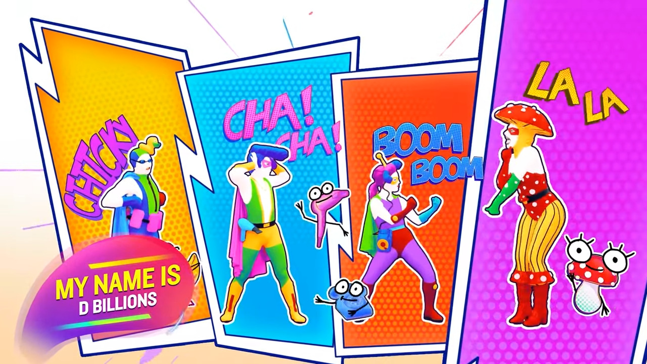 A screenshot from Just Dance 24 showing four characters dancing while dressed as superheroes